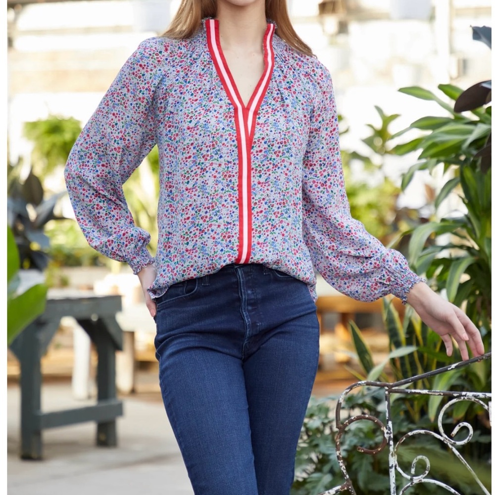 Rungolee 100% Silk Chic Floral V-Neck Blouse with Red Accents